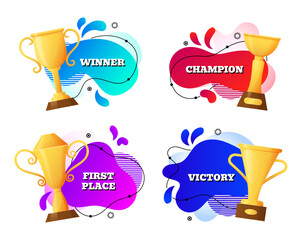 Winner banner. Golden championship cup and text. prize on abstract design background, colorful blobs emblems. Bubble frame, achievement icons. Tournament trophy. Social media post. Vector set