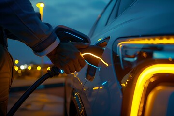 Person charging an electric vehicle at dusk. Concept of sustainable transportation. Modern and eco-friendly. Energy for the future. Generative AI