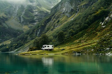 Serene Alpine Lake with Reflective Waters and a Solitary Camper. Lush Green Mountain Landscape. Tranquil Nature Scene. Photograph. Generative AI