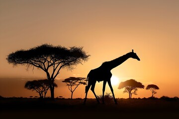 Silhouette of a Giraffe Against a Sunset Sky in the Savanna. Warm Colors, Calm Evening Scene. African Landscape. Generative AI