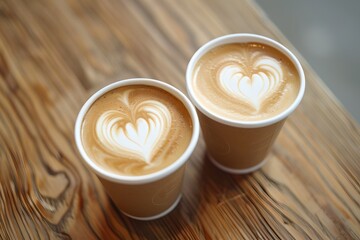 Twin Paper Cups of Latte Art on Wooden Surface. Perfect Heart Designs. Casual Coffee Date Scene. Generative AI