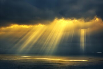 Dramatic Ocean Sunset, Rays of Light Piercing Clouds. Tranquil Seascape. Calming Natural Scene. Fine Art Style Photography. Generative AI