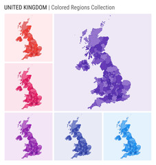 United Kingdom map collection. Country shape with colored regions. Deep Purple, Red, Pink, Purple, Indigo, Blue color palettes. Border of United Kingdom with provinces for your infographic.