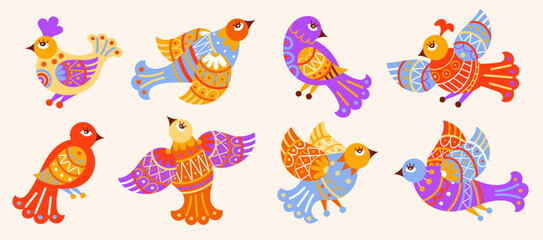 Folk birds set. Retro doodle art, flat ornament trendy decor for ethnic embroidery, norway various wings. Scandinavian style isolated elements for design. Vector graphic cartoon illustration