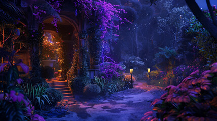 Enchanting Night Garden With Illuminated Pathway - A breathtaking view of a nighttime garden with vibrant purple blooms and softly lit pathways creating a fairytale ambiance