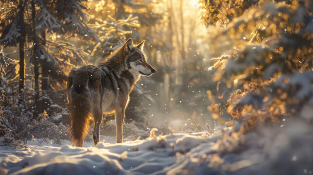Majestic wolf in snowy forest at golden hour - A beautifully captured image of a wolf in a snowy forest, illuminated by the golden sunlight piercing through the trees