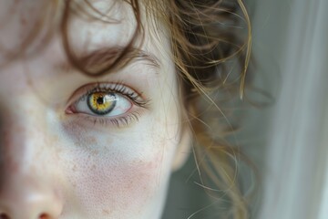 Close-up image of golden eyes of blonde European girl.