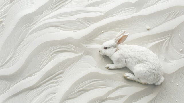 White rabbit in a textured white landscape - A serene image of a white rabbit blending into a textured white sandy landscape, embodying purity and calm