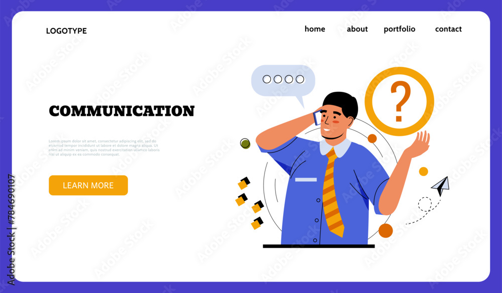 Poster business communication landing page. businessman calling phone for ask question. online consultation