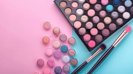 Colorful makeup palette and brushes on pastel - An eye-catching display of a vibrant makeup palette with scattered eyeshadows and elegant brushes on a two-tone background, illustrating beauty and cosm - obrazy, fototapety, plakaty