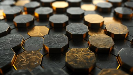 Dark hexagons with selective golden edges - Close-up view of a detailed dark hexagonal pattern with selective edges backlit by golden light for a luxury feel - obrazy, fototapety, plakaty