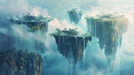 Floating islands with waterfalls in fantasy world - Dreamy landscape of floating islands with cascading waterfalls and lush vegetation amidst clouds