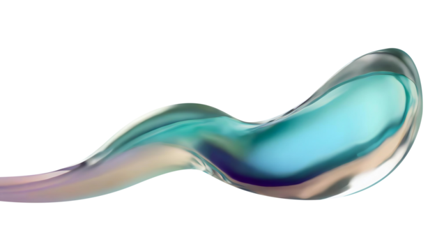 Abstract liquid glass shape with colorful reflections. Ribbon of curved water with glossy color wavy fluid motion. Chromatic dispersion flying and thin film spectral effect.