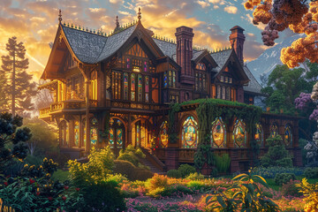 A craftsman style house at dawn, with the first rays of sunlight illuminating its intricate wooden...