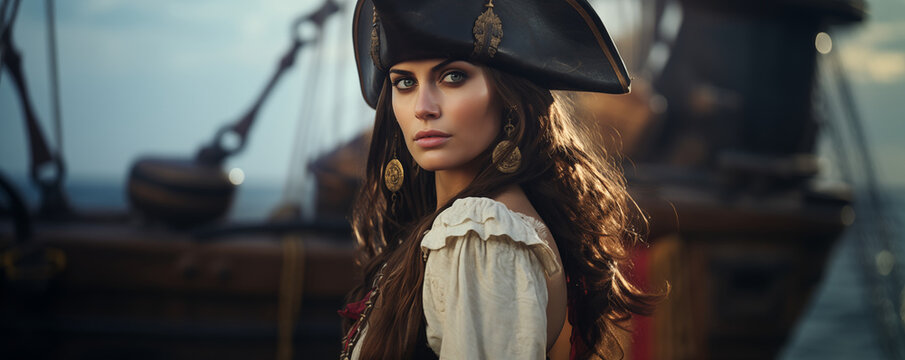 Beautiful pirate woman with wooden ship in the background, panoramic view, generated ai 