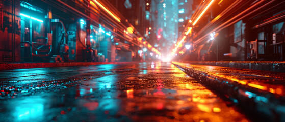 Futuristic Urban Nightscape with Neon Lights and Wet Streets