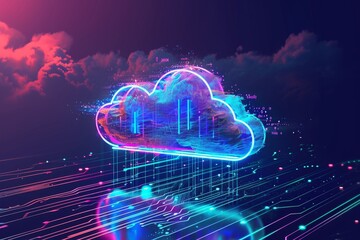 Obraz premium A cloud levitates in the air, encircled by intersecting lines against a blue sky backdrop, A vibrant interpretation of data backup on cloud storage, AI Generated