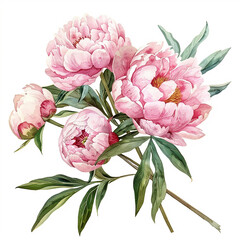 Fototapeta premium Peony A bouquet of pink flowers with green leaves. The flowers are arranged in a way that they are all facing the same direction, giving the impression of a unified and harmonious display