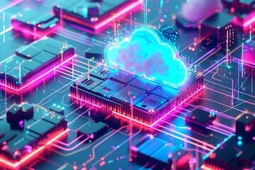 A cloud formation hovers over a complex computer circuit, creating an intriguing juxtaposition between nature and technology, A vibrant interpretation of data backup on cloud storage, AI Generated