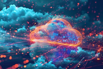 A cloud effortlessly floats through the sky, defying gravity and creating a mesmerizing sight, A vibrant interpretation of data backup on cloud storage, AI Generated