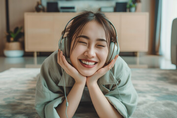 A photo of an Asian woman wearing headphones, smiling and lying on the floor in her living room listening to music with her eyes closed. She is dressed in light green. The background features modern 