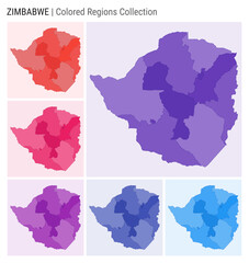 Zimbabwe map collection. Country shape with colored regions. Deep Purple, Red, Pink, Purple, Indigo, Blue color palettes. Border of Zimbabwe with provinces for your infographic. Vector illustration.