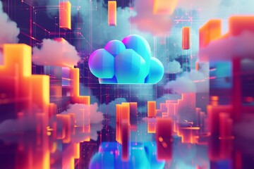 A vivid digital artwork showcasing the interplay between clouds and buildings, A vibrant psychedelic depiction of data transfer to cloud storage, AI Generated