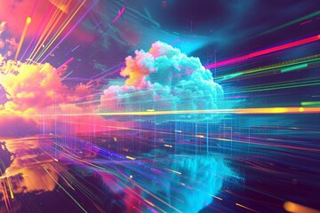 A vibrant, multicolored cloud fills the sky, creating a striking visual display, A vibrant psychedelic depiction of data transfer to cloud storage, AI Generated