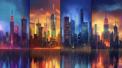 
City Skylines Panoramic views of city skylines at different times of the day, showcasing urban...