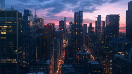 Naklejka premium City Skylines Panoramic views of city skylines at different times of the day, showcasing urban architecture and vibrant city lights