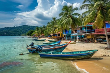 A collection of boats has been stationed on top of the sandy shore, A vibrant tropical fishing village bustling with activity, AI Generated
