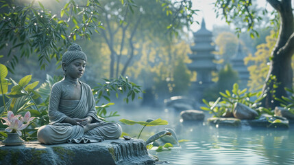 a Buddha statue, a lotus pond, a Bodhi tree, and ancient Buddhist scriptures