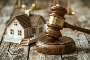 Real Estate Law Concept with Gavel, Scales of Justice, and Model House
