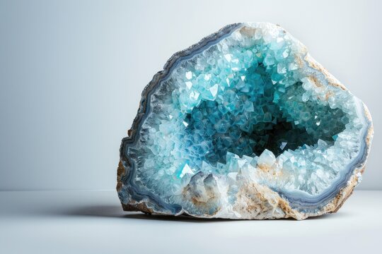 An open geode displaying a range of colors from vibrant blues to serene whites, ideal for educational materials or as a focal point in interior design.