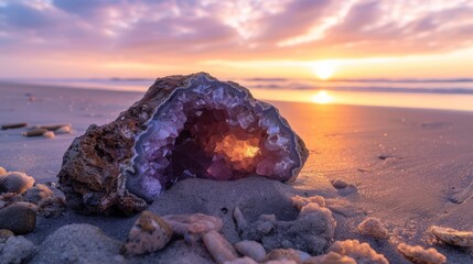 A geode rests on a sandy beach, its crystals catching the warm hues of a sunset, perfect for wellness retreats advertising or nature-inspired home decor. - obrazy, fototapety, plakaty