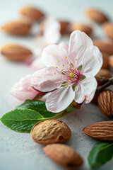 Almond Blossom and Nuts Close-Up on Bright Background