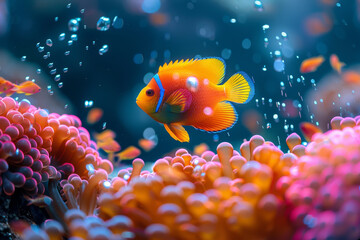 Vibrant Orange Clownfish Amidst Coral Underwater Ecosystem - obrazy, fototapety, plakaty