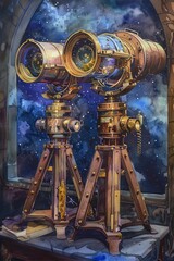 A steampunk bronze observatory reaches towards a starry night sky, with planets and celestial wonders in view. Watercolor illustration
