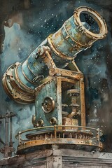 A steampunk bronze observatory reaches towards a starry night sky, with planets and celestial wonders in view. Watercolor illustration - obrazy, fototapety, plakaty