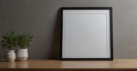 Mockup of poster, photo frame on wooden table with vase and white wall background