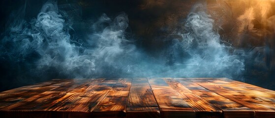 Mysterious Wooden Table with Rising Smoke on Dark Background. Concept Mysterious, Wooden Table, Rising Smoke, Dark Background