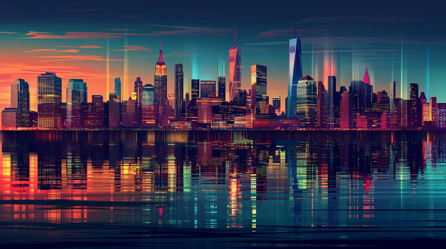 
City Skylines Panoramic views of city skylines at different times of the day, showcasing urban architecture and vibrant city lights