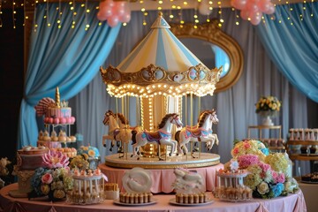 Obraz premium Carousel Set Up for a Birthday Party, A vintage carousel celebration for an exciting birthday party, AI Generated