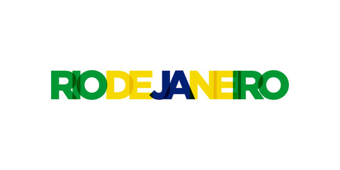 Rio de Janeiro in the Brasil emblem. The design features a geometric style, vector illustration with bold typography in a modern font. The graphic slogan lettering.