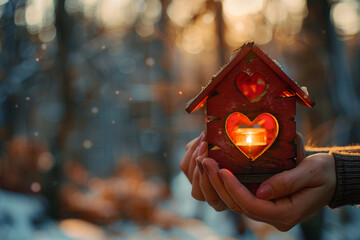Cozy Winter Evening with Handheld Heart-shaped Birdhouse and Warm Light - Powered by Adobe