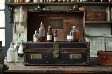 Obraz na płótnie Canvas An old trunk displaying a collection of different types of alcoholic beverage bottles stacked on top of it, A vintage medical kit with a rustic touch, AI Generated