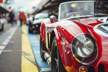A red sports car is parked on the side of the road, ready for its next adventure, A vintage sports car at the starting line of a classic car race, AI Generated