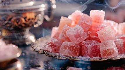 Turkish delights in soft light with smoke - Softly lit and smoke swirling around, these Turkish delights evoke a sense of mystery and ancient culinary tradition