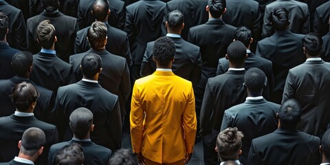 Standing out from the crowd -  man in colorful yellow suit standing among men in black business suits