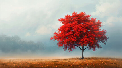 Solitary vibrant red tree in a foggy field - Stark image of a solitary vibrant red tree standing out against a soft, fog-enveloped landscape - obrazy, fototapety, plakaty